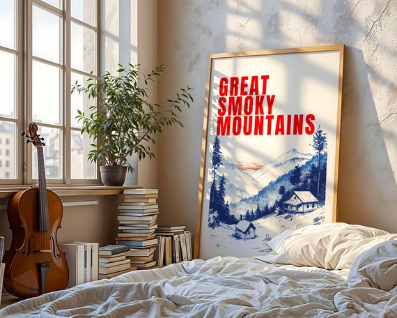 Great Smoky Mountains Vintage Travel Style Blue Line Art Cabin Scene Poster