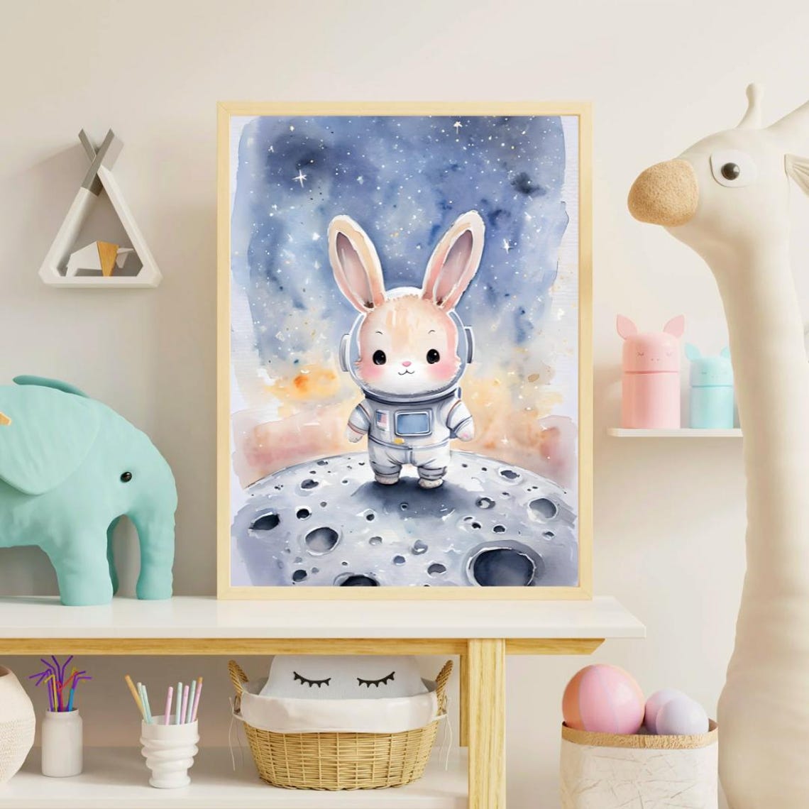 Astro Bunny Nursery Wall Art Instant Space Themed Decor Solar System Poster New Baby Gift Watercolor