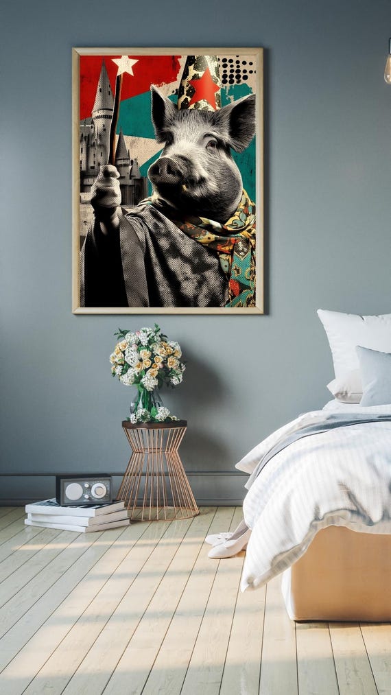Potbelly Pig Art Piggiepotter Illustration Quirky Gift Vintageinspired Wall Decor Housewarming