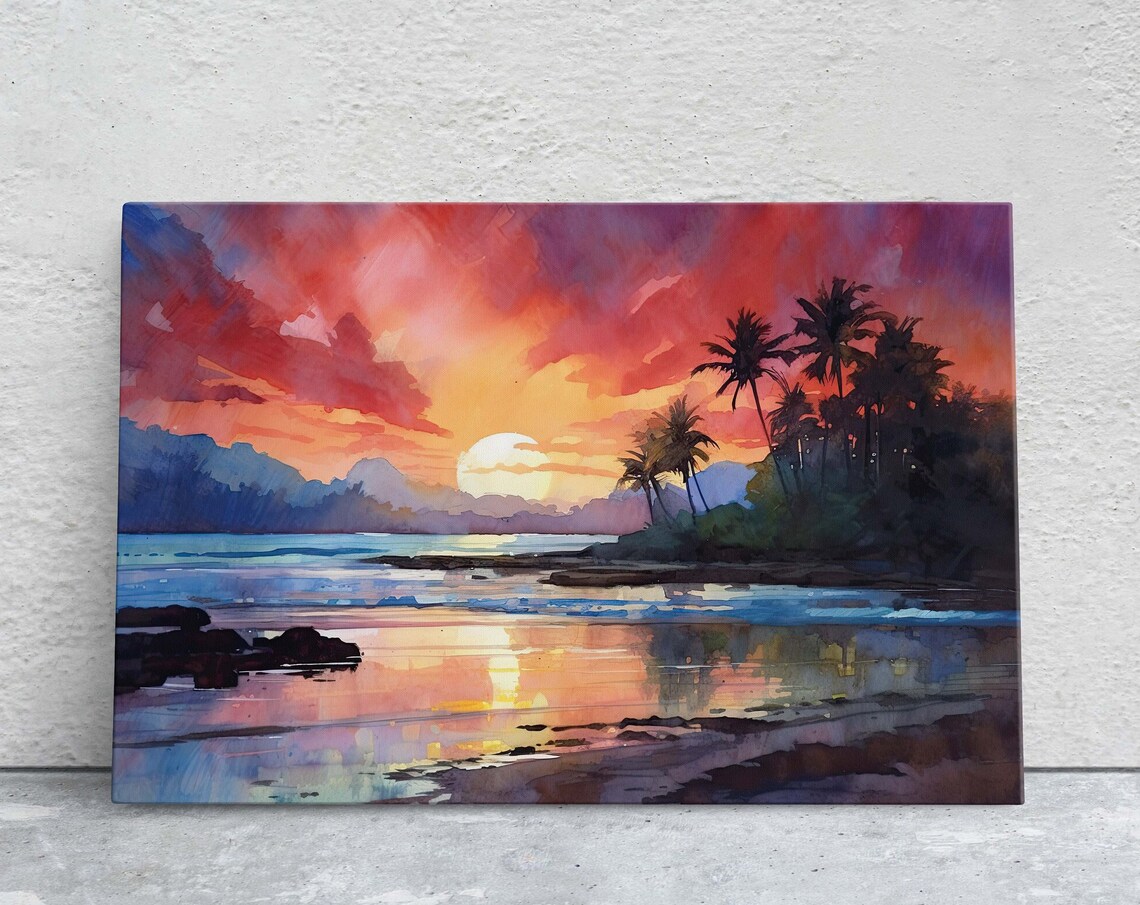 Dusk Beach Watercolor Art Print, Tropical Paradise