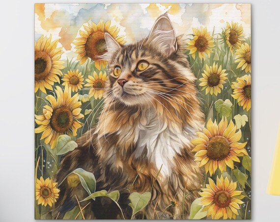 Majestic Long Haired Tabby Cat in a Sunflower Field Watercolor Poster