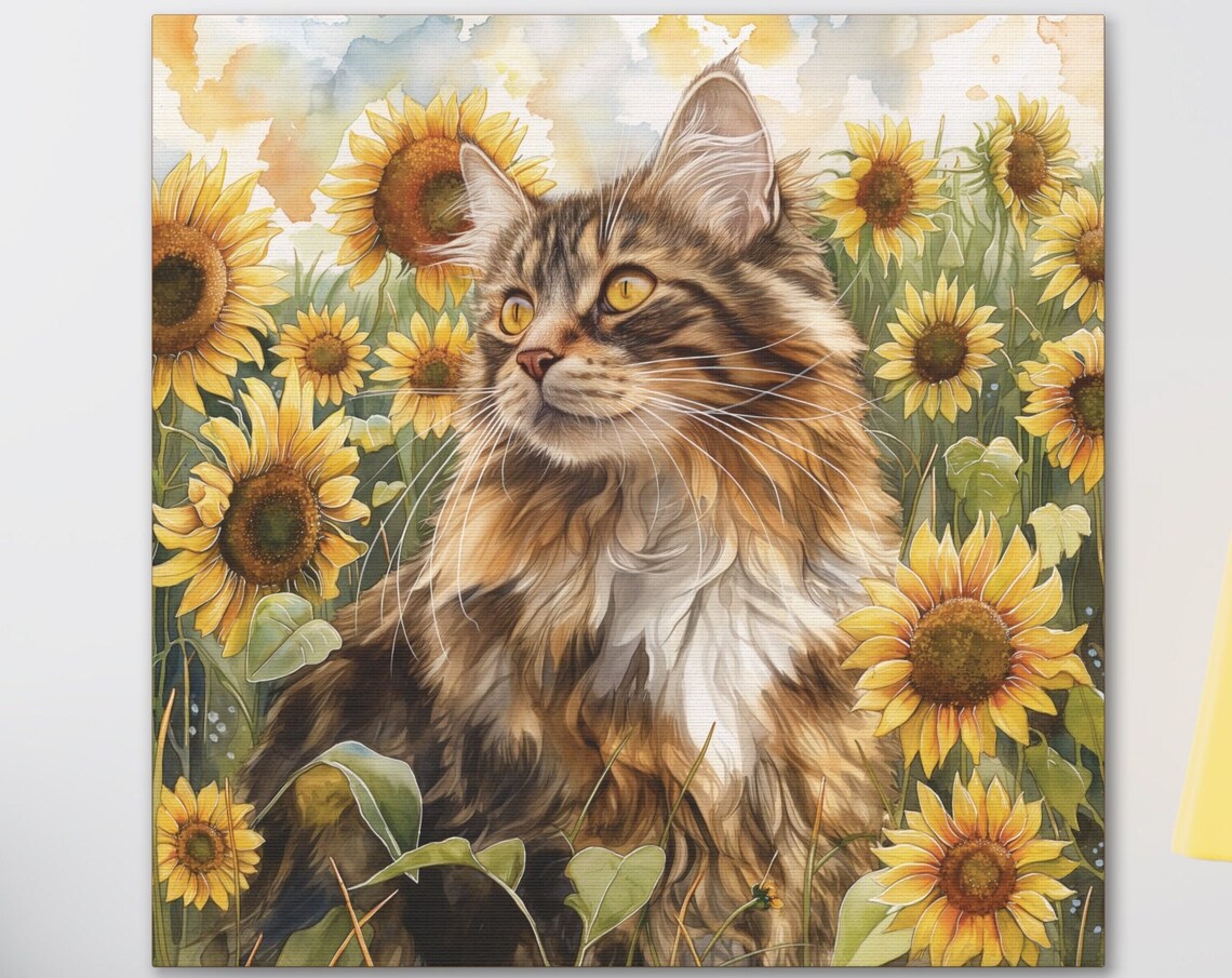 Majestic Long Haired Tabby Cat in a Sunflower Field Watercolor Poster