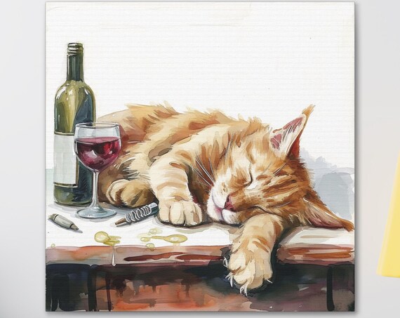 Orange Cat Sleeping Beside a Wine Bottle With Corkscrew Poster