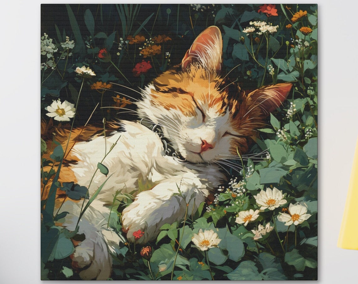 Calico Cat Sleeping in a Sunny Wildflower Garden Scene Poster