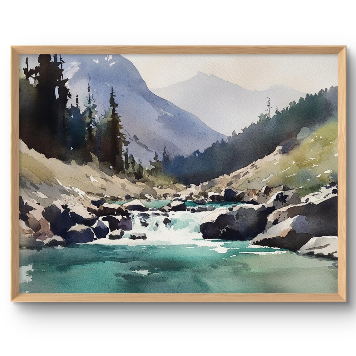 Mountain River Watercolor Style Poster, Rocky Mountains
