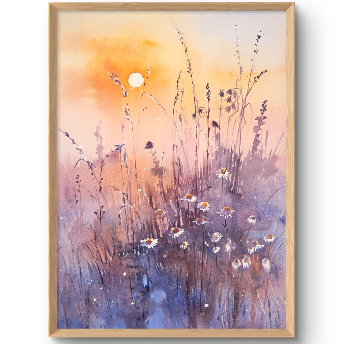 Wildflower Meadow Sunset Watercolor Daisies Field Evening Poster