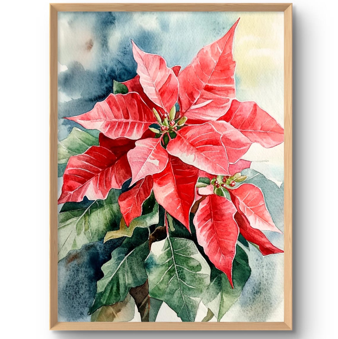 Red Poinsettia Watercolor Christmas Flower Botanical Art Poster