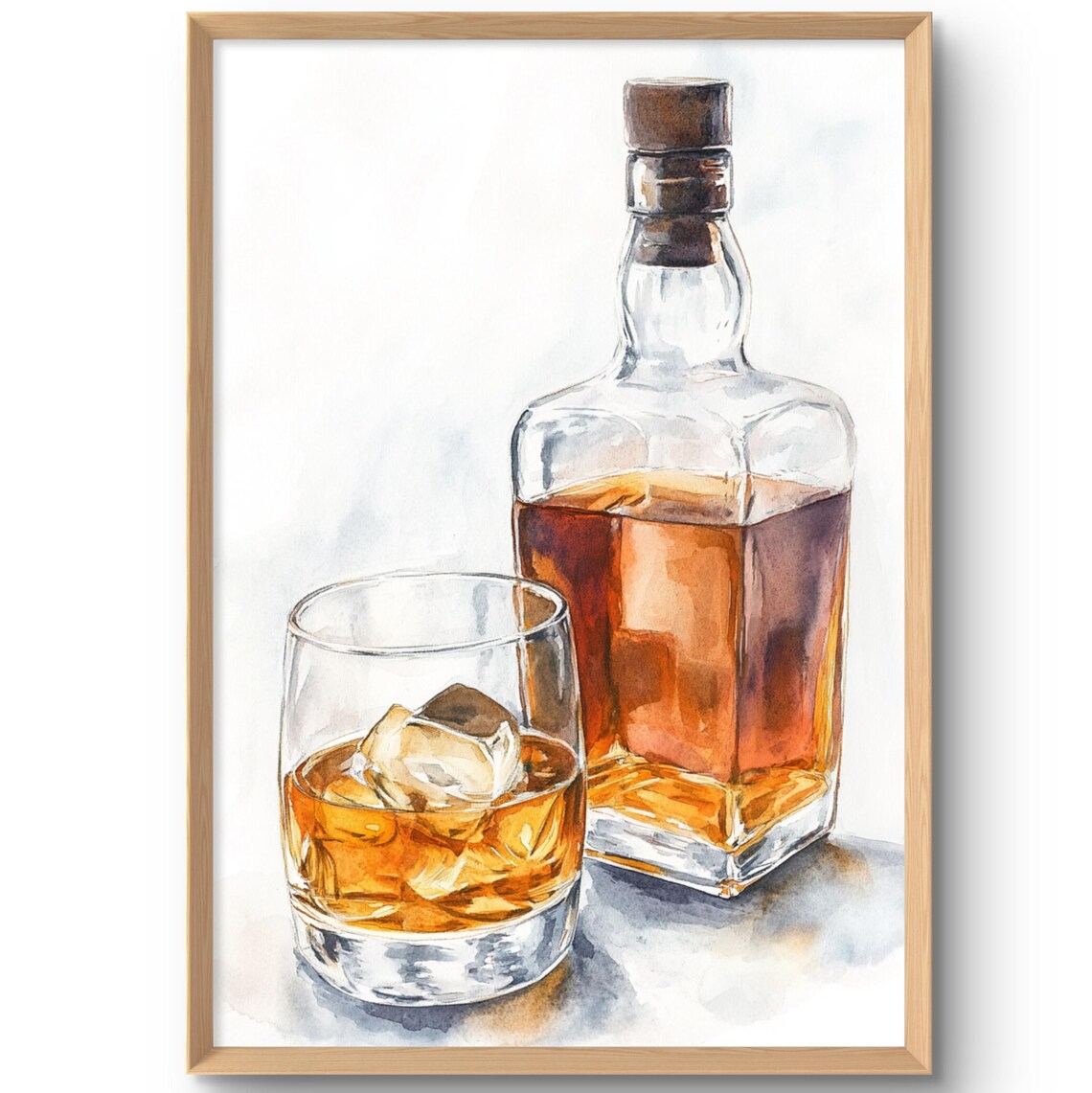 Whiskey Bottle and Glass Poster Watercolor Bar Cart Alcohol Still Life Art
