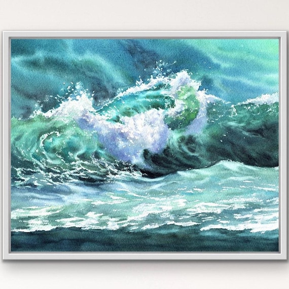 Emerald Green Ocean Wave Curling Watercolor Seascape Painting Poster