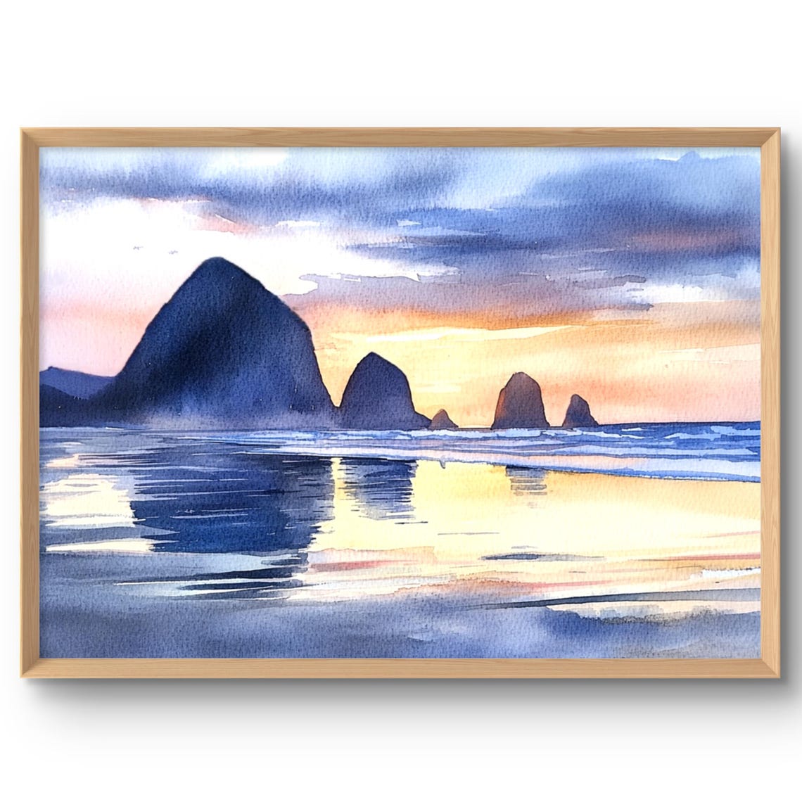 Cannon Beach Haystack Rock Sunset Watercolor Coastline Poster