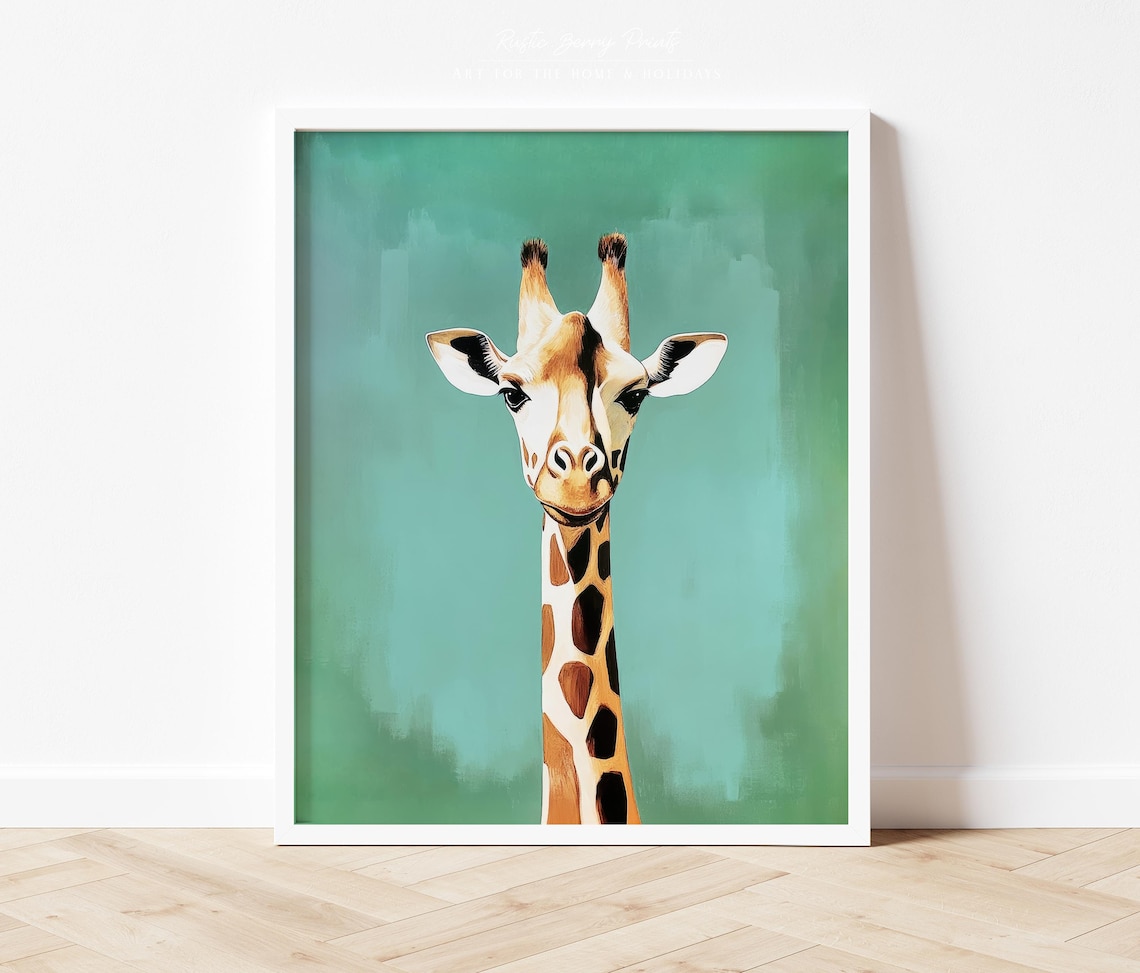 Giraffe Portrait Teal Background Safari Kids Room Art Poster