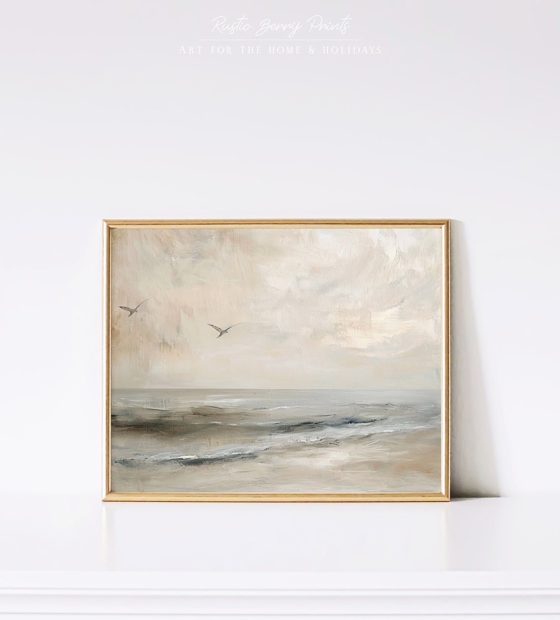 Neutral Beige Ocean Waves Flying Seagulls Minimal Coastal Art Poster