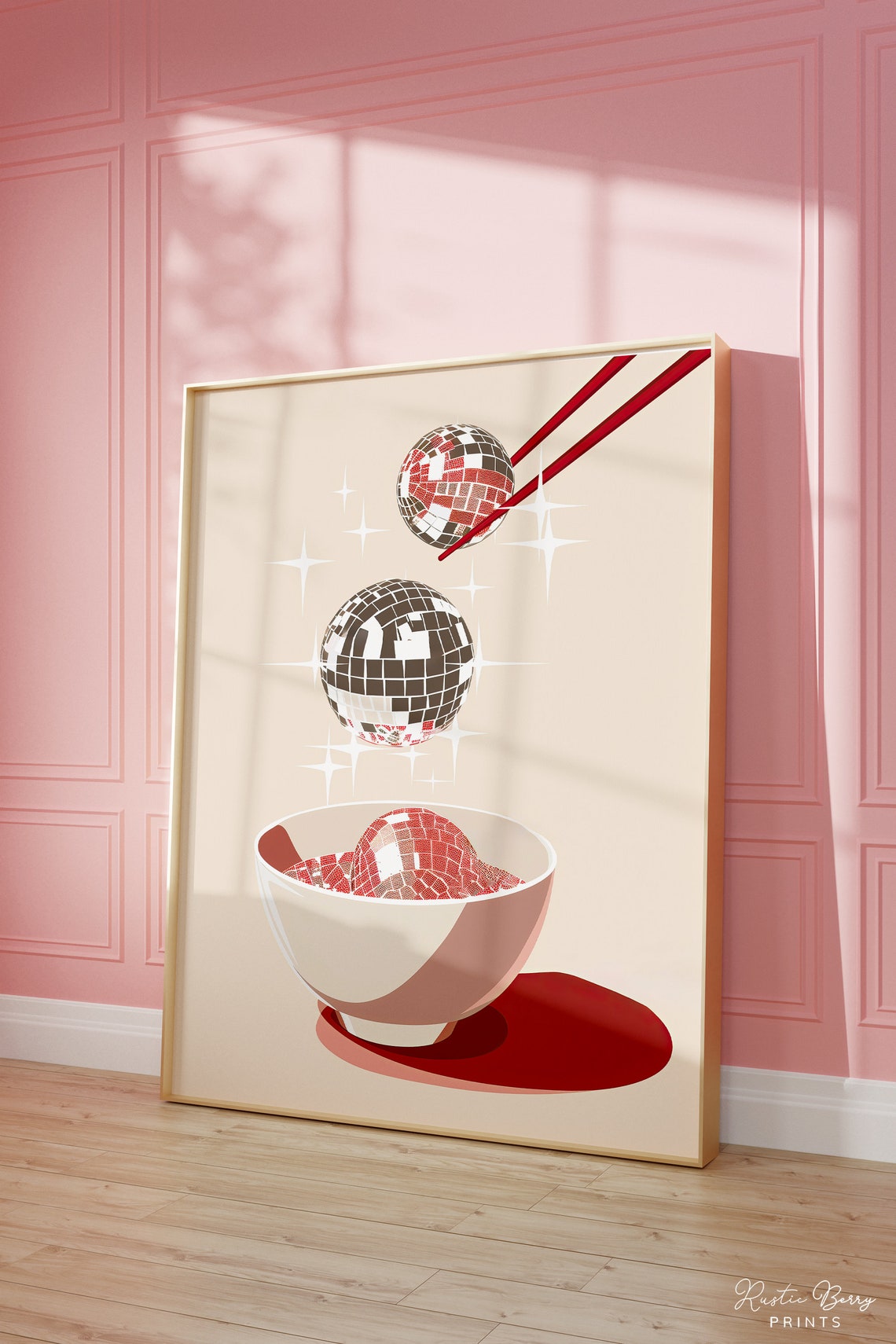 Disco Ball Soup Bowl Chopsticks Quirky Maximalist Kitchen Art Poster