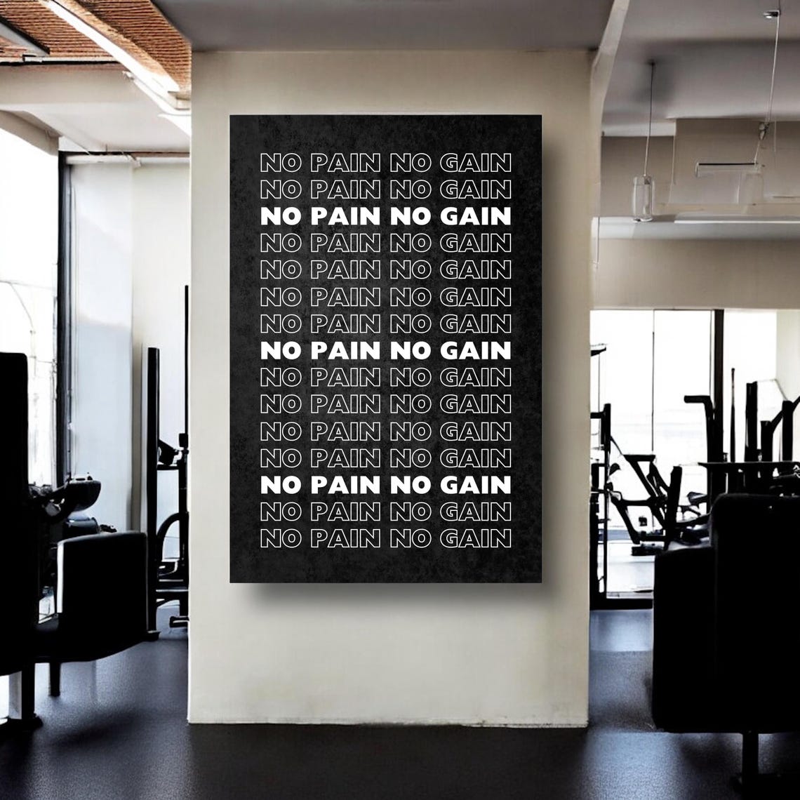 No Pain No Gain Repeated Text Black Gym Motivation Quote Poster