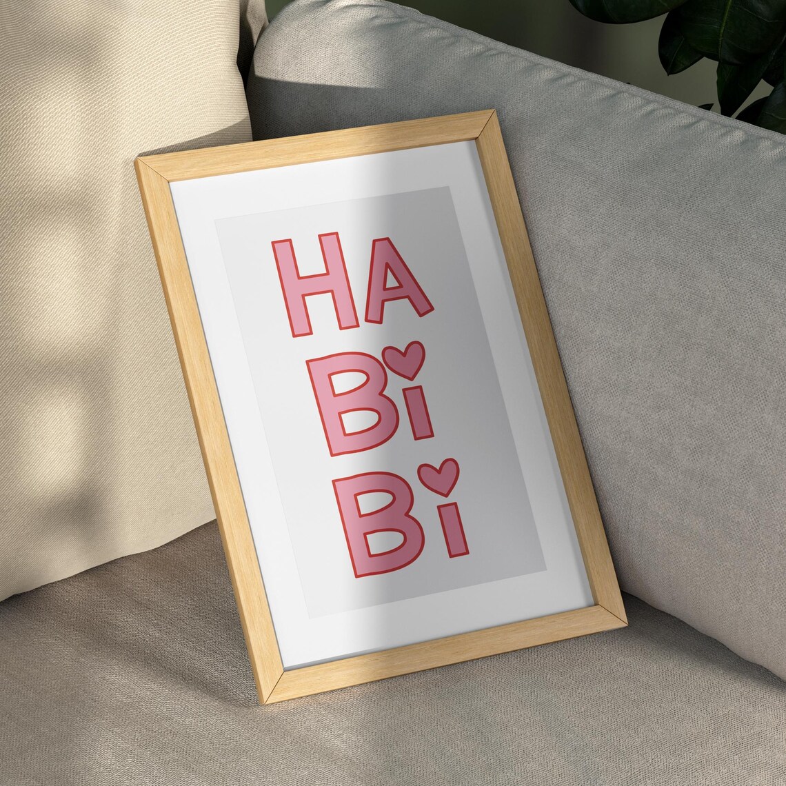 Sweet Habibi My Love Pink Red Outline Heart Typography Wall Art