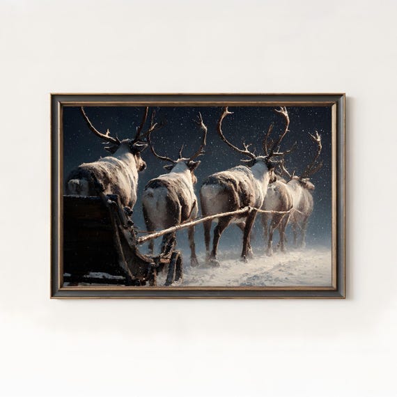 Dramatic Reindeer Sleigh Ride Snowy Night Christmas Winter Poster