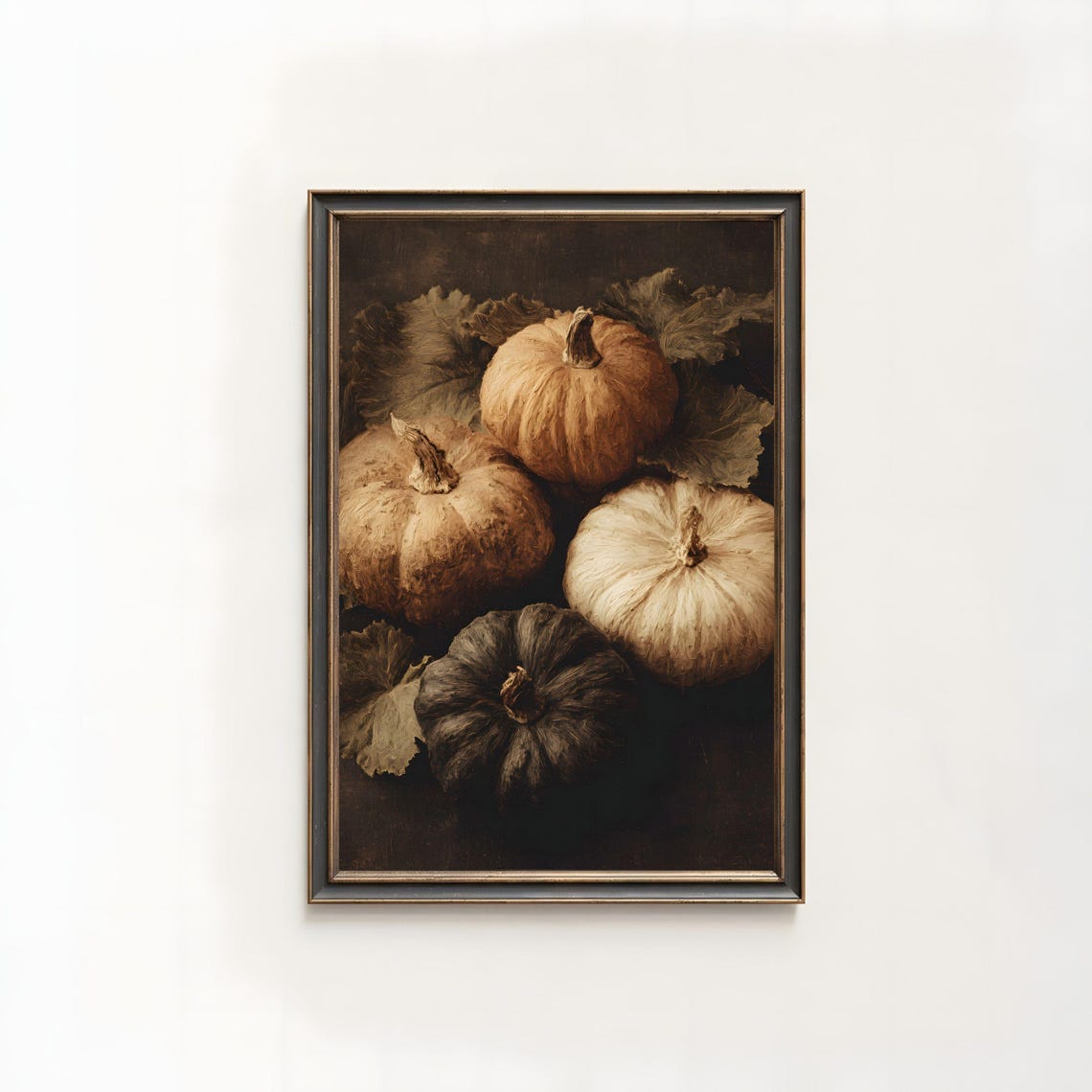 Four Pumpkins Dark Moody Vintage Autumn Still Life Oil Painting Poster