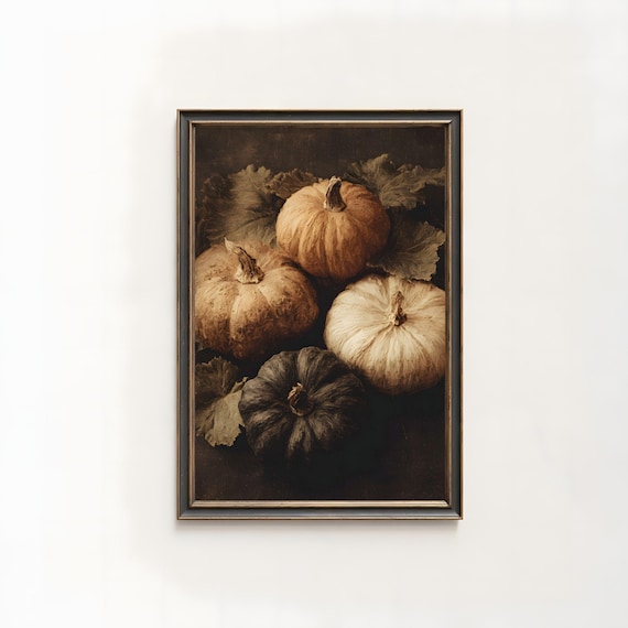 Four Pumpkins Dark Moody Vintage Autumn Still Life Oil Painting Poster