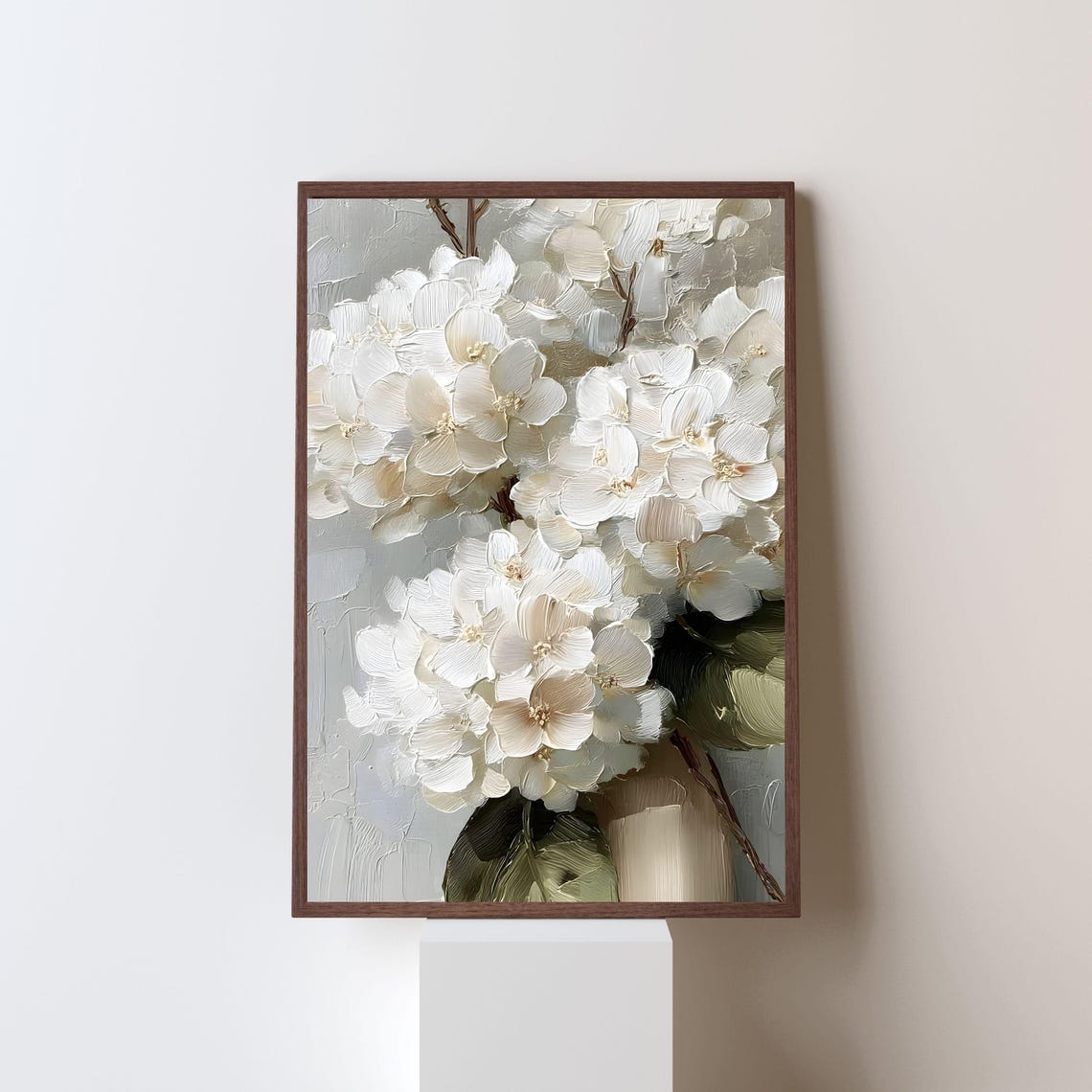White Hydrangeas Thick Impasto Petals Modern Floral Painting Print
