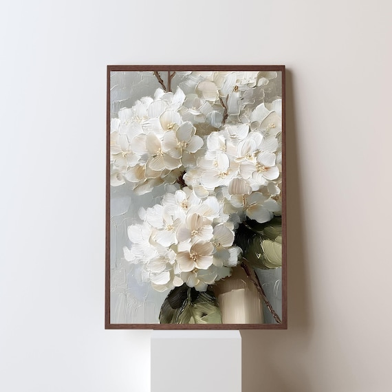 White Hydrangeas Thick Impasto Petals Modern Floral Painting Print