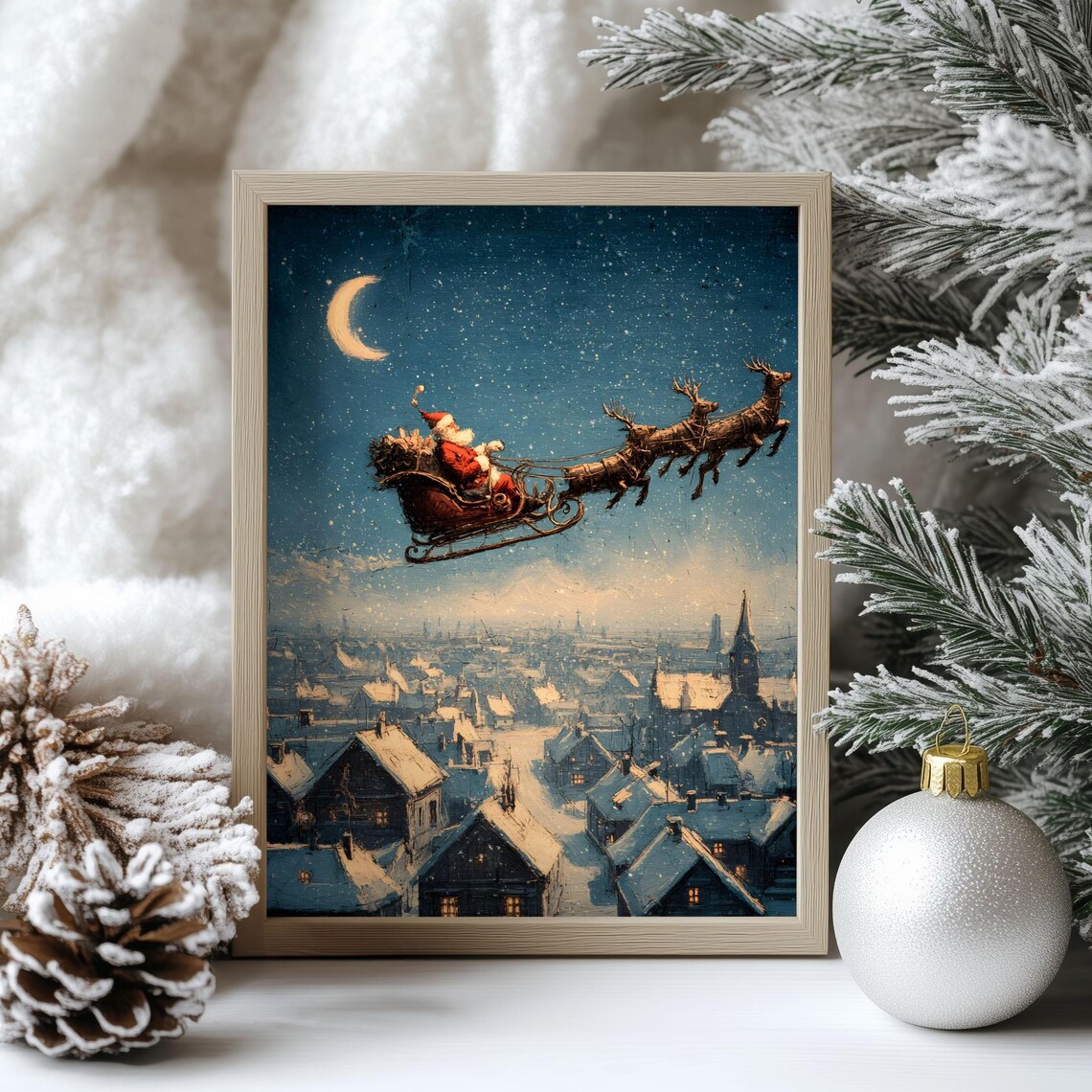 Vintage Santa Claus Sleigh Over Snowy Village Christmas Night Poster