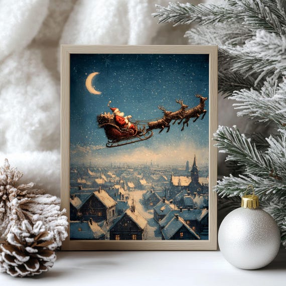 Vintage Santa Claus Sleigh Over Snowy Village Christmas Night Poster