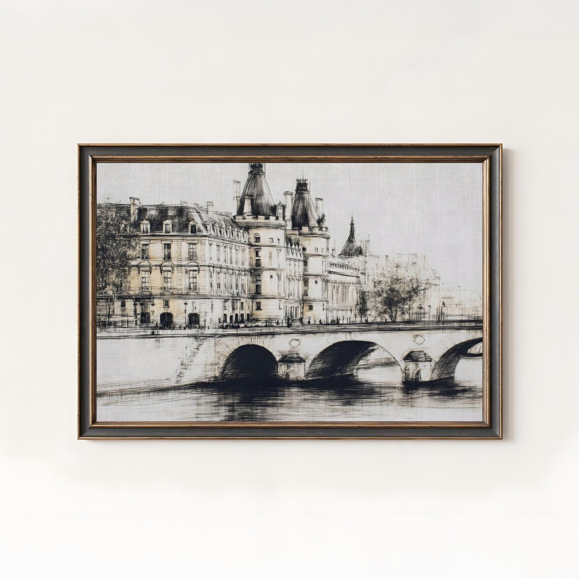 Vintage Paris Bridge Sketch Monochrome Seine Riverside Architecture Poster