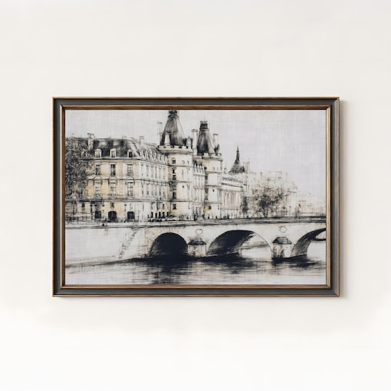 Vintage Paris Bridge Sketch Monochrome Seine Riverside Architecture Poster