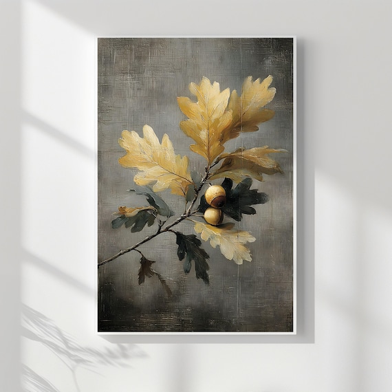 Vintage Golden Oak Branch with Acorns Autumn Botanical Art Poster