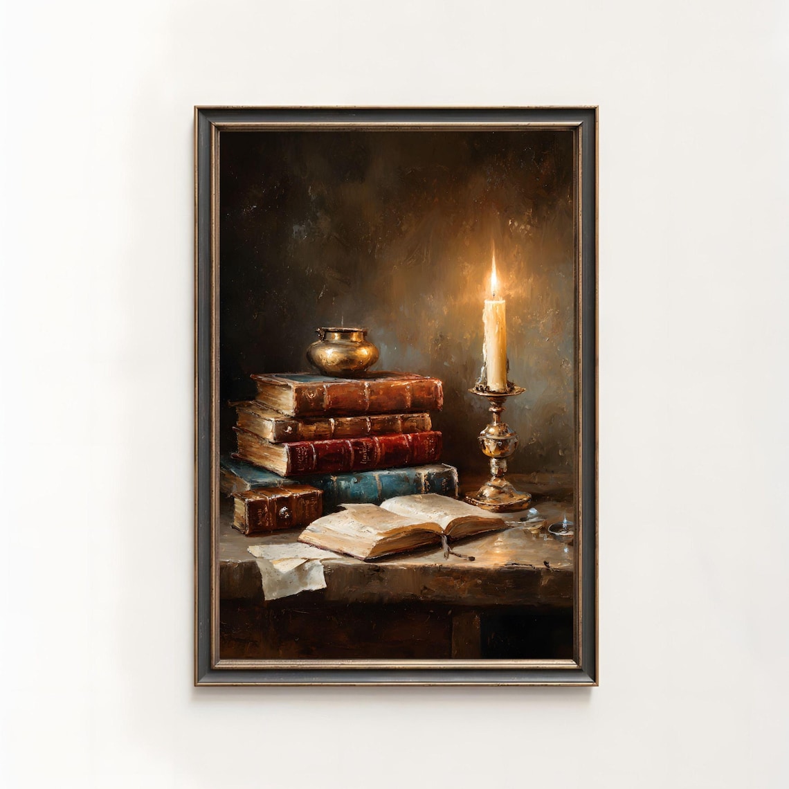 Vintage Dark Academia Still Life, Candle And Books Art Print
