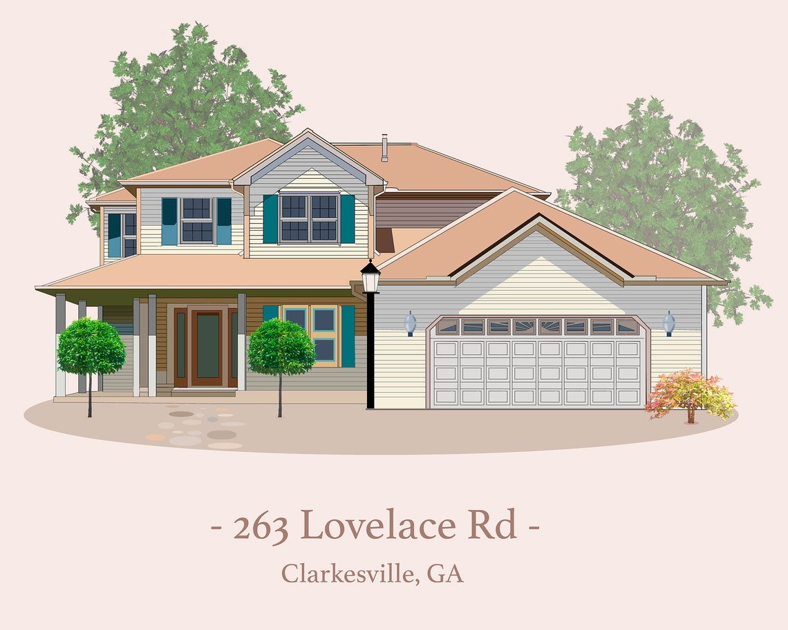 Two-Story Suburban House Vector Portrait Custom Housewarming Poster