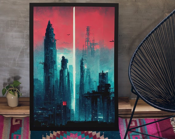 Sci Fi Neon Dystopian Poster, Synthwave Decor