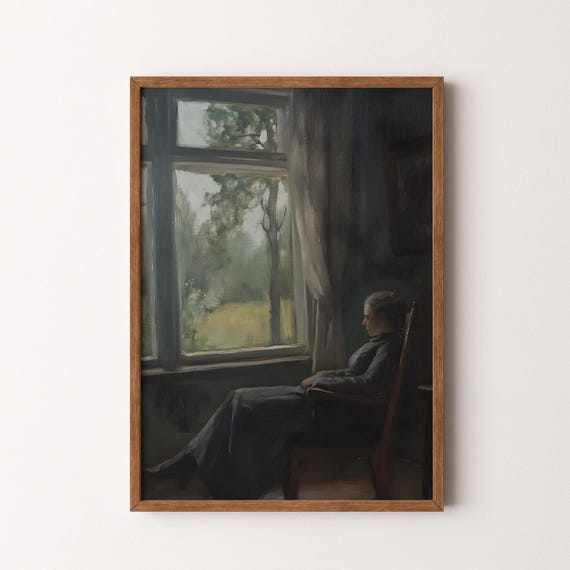 Vintage Moody Interior Scene Painting Dreamy Woman By Window Art Vi182