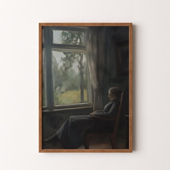 Woman By Window Dark Interior Gaze Moody Contemplative Art Poster