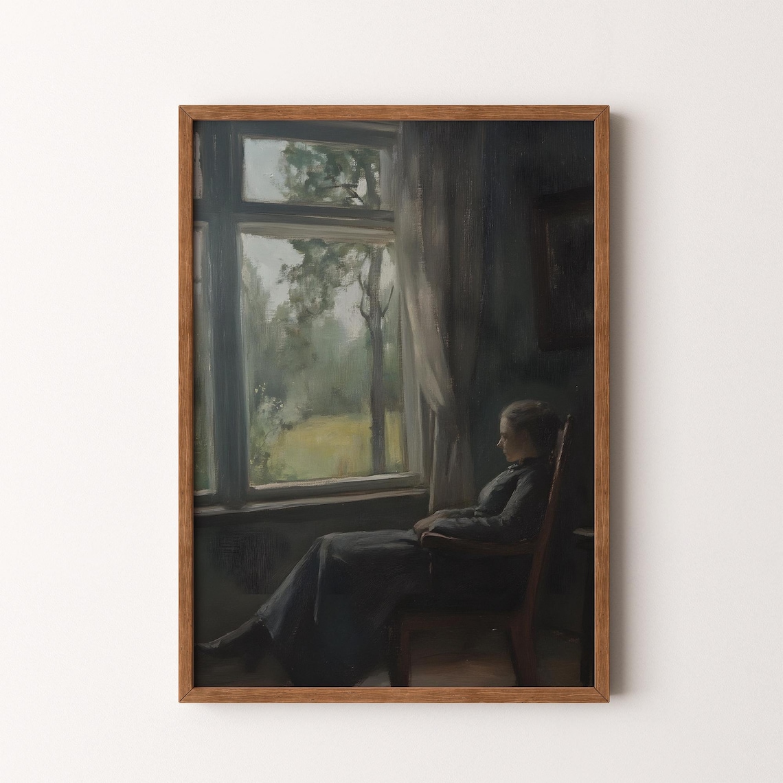 Woman By Window Dark Interior Gaze Moody Contemplative Art Poster