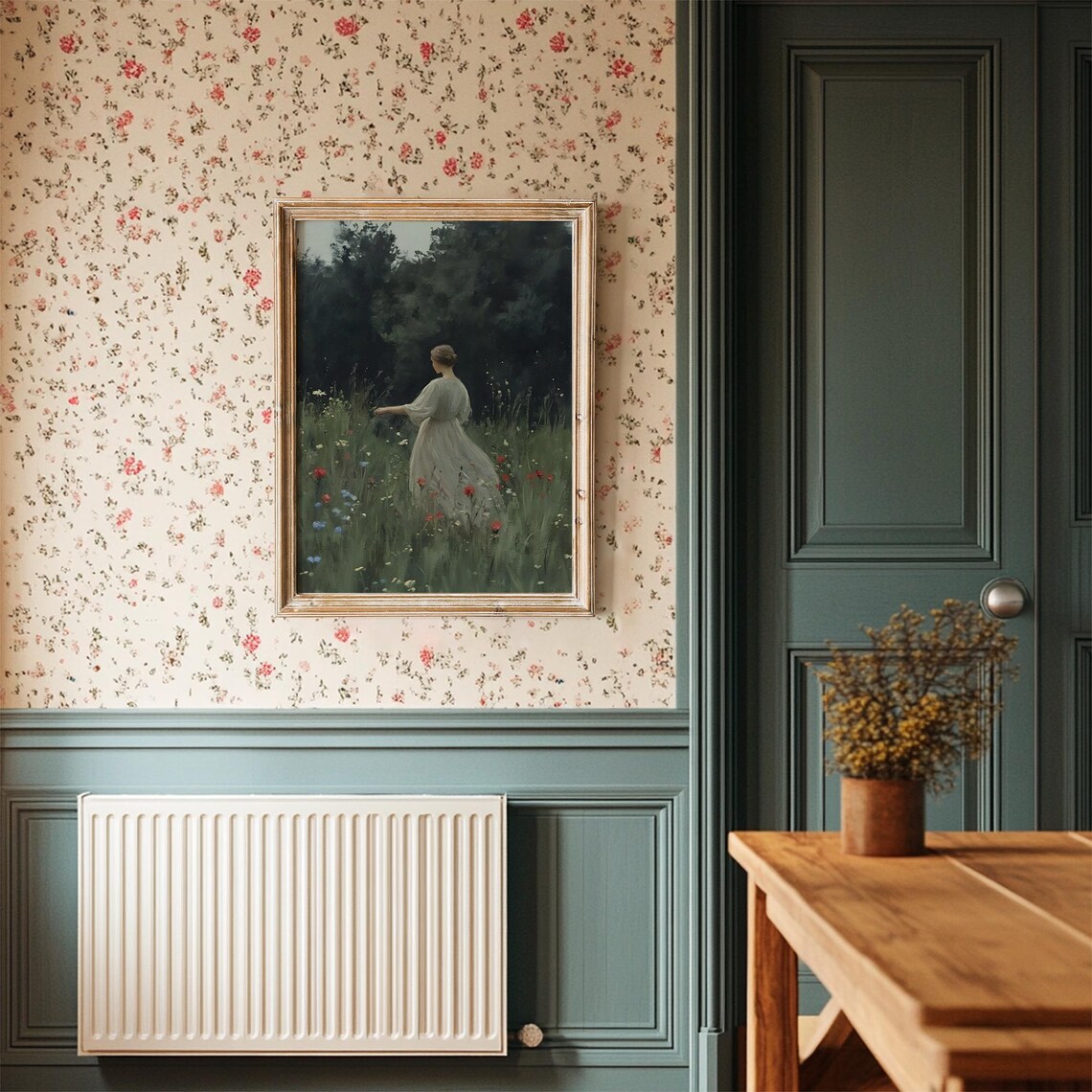Woman In White Dress Among Red Poppies Vintage Meadow Painting Poster - Image 3