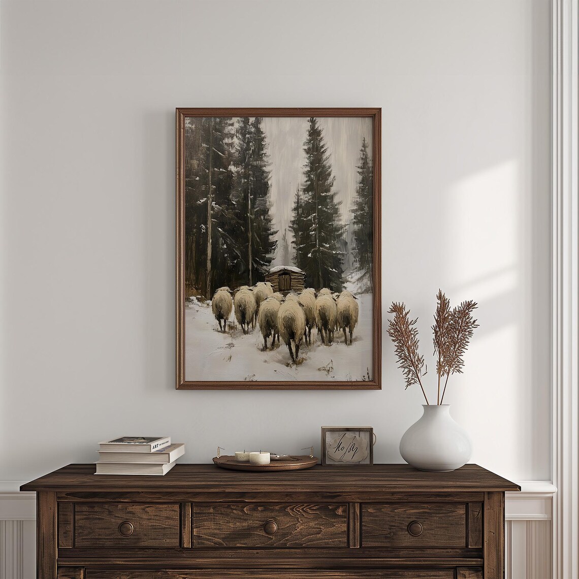 Sheep Flock Walking To Cabin In Snowy Pine Forest Vintage Winter Art Poster - Image 4