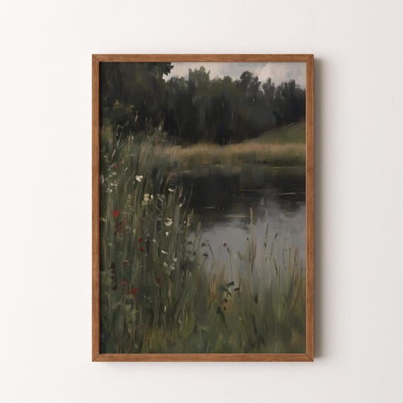Vintage Moody Landscape Painting Dark Green Forest Lake Scene With Wildflowers Wall Art Vi202