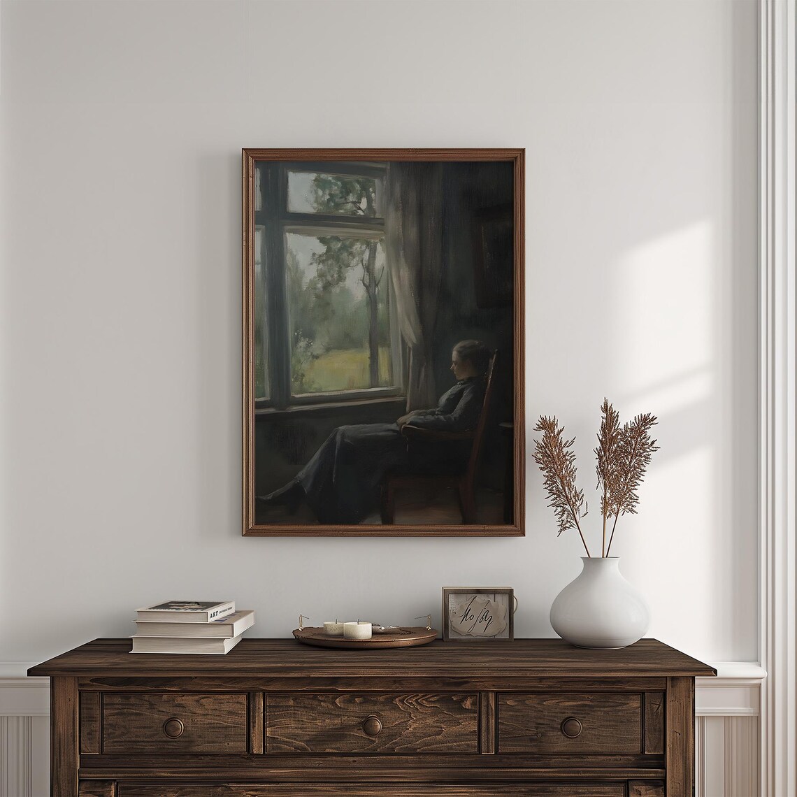 Woman By Window Dark Interior Gaze Moody Contemplative Art Poster - Image 4