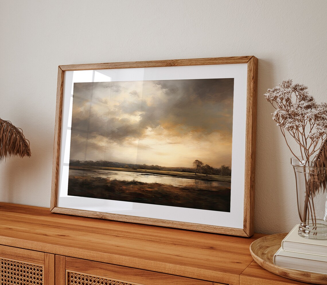 Moody Dark Stormy Lake Landscape Painting With Lone Tree Poster - Image 2