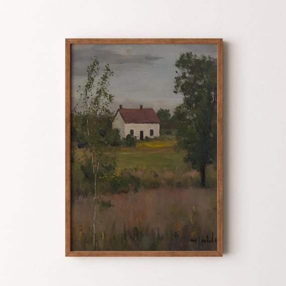 Vintage Cottage Landscape Painting Muted Green Tones Countryside Wall Art Vi166
