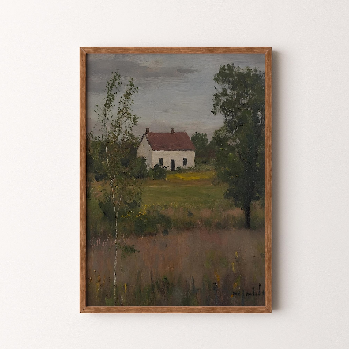 White House With Red Roof In Green Meadow Vintage Painting Poster