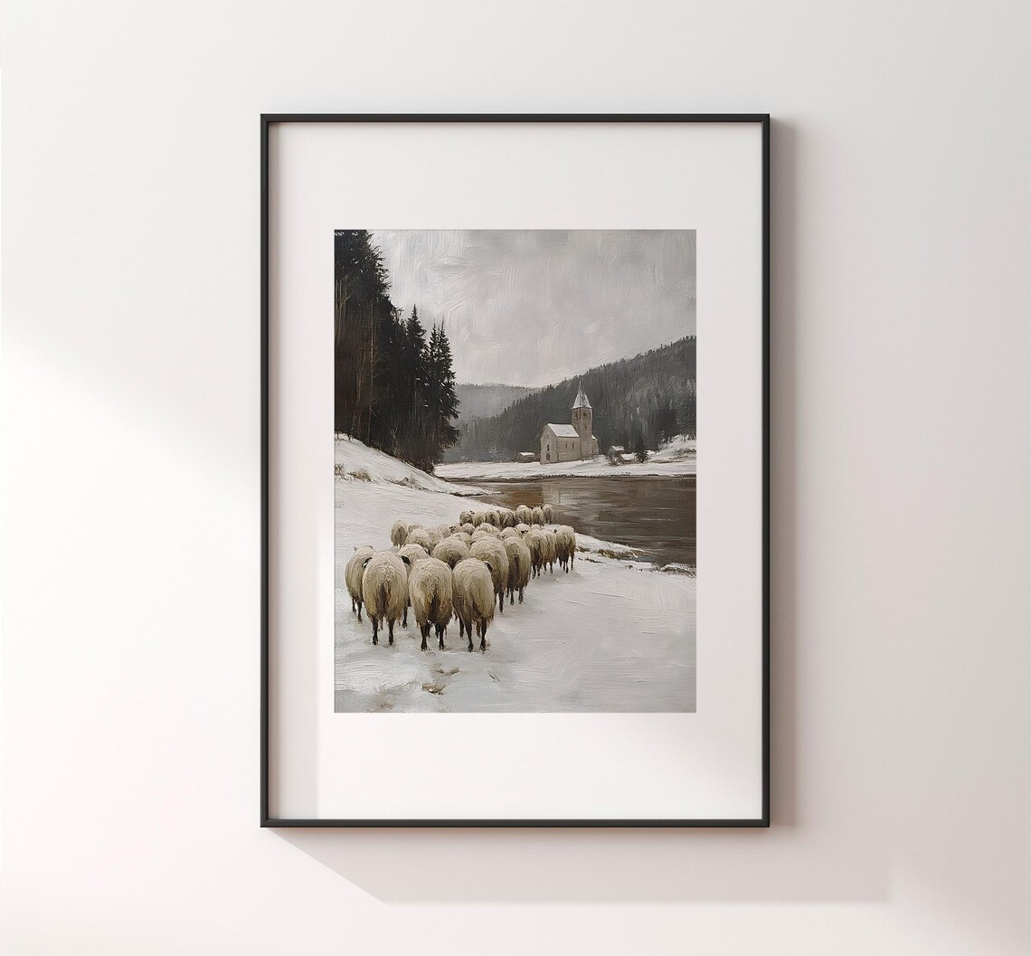 Sheep Herd On Snowy Riverbank With Church Across Water Vintage Winter Poster - Image 2