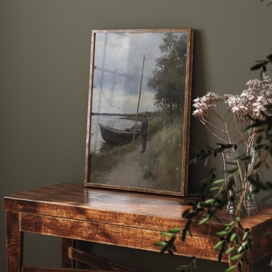 Fisherman Wooden Boat River Shore Cloudy Sky Coastal Scene Oil Poster - Image 6