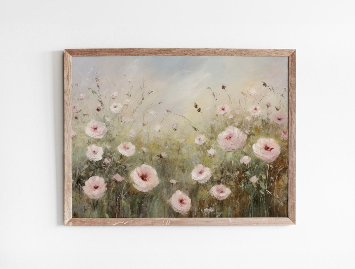 Flower Field Painting Vintage Floral Wall Art Antique Art Print Farmhouse Wall Art Botanical Oil Painting Wall Art - Image 3