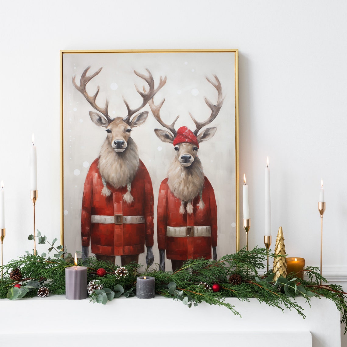 Dapper Stags in Red Coats Snowy Christmas Portrait Animal Poster - Image 3