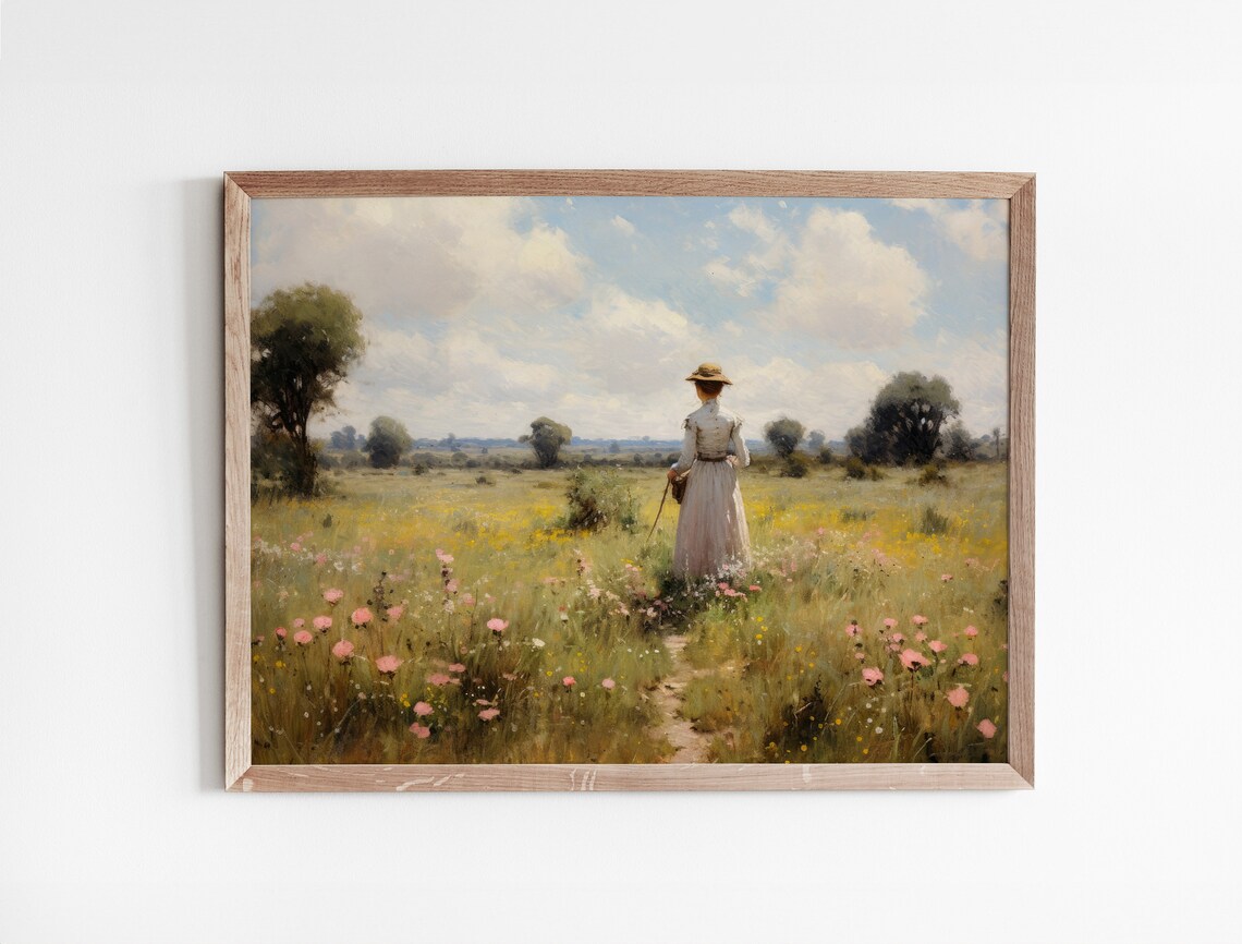 Woman In White Dress Walking Through Wildflower Field Painting Poster - Image 3