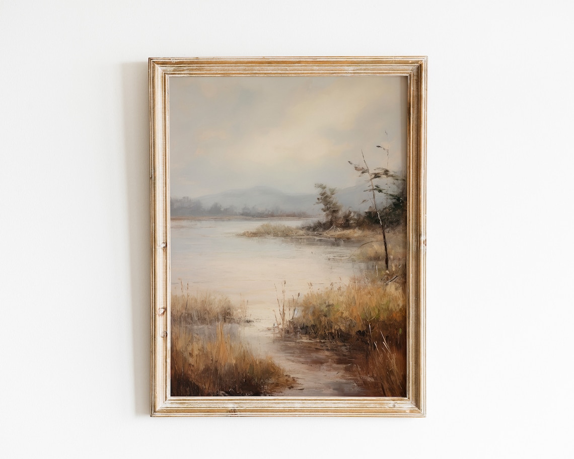 Muted Gray Lake Landscape with Reeds and Soft Light Vintage Oil Art Poster