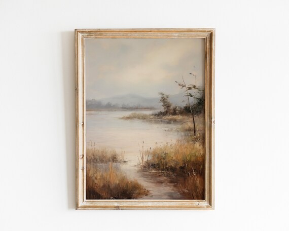Muted Gray Lake Landscape with Reeds and Soft Light Vintage Oil Art Poster