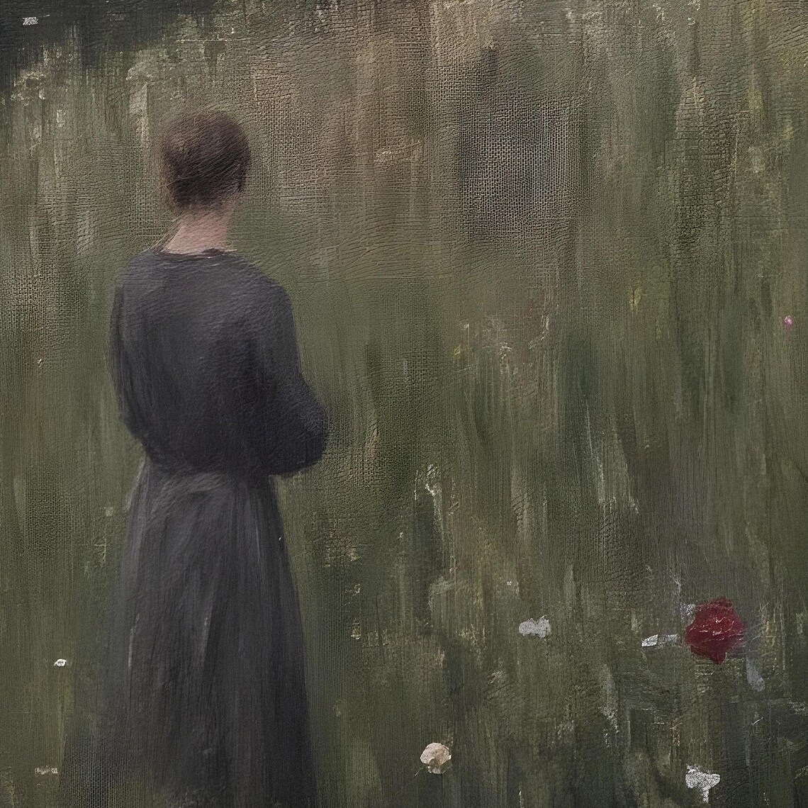Woman In Dark Dress Standing In Wildflower Field Vintage Art Poster - Image 2